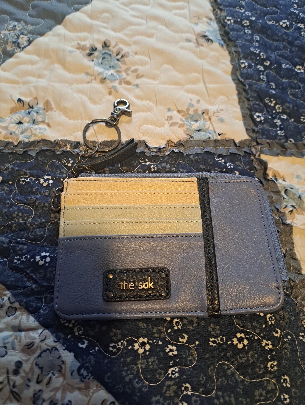 The Sak Blue Leather Card Case Key Holder with Cream Accents